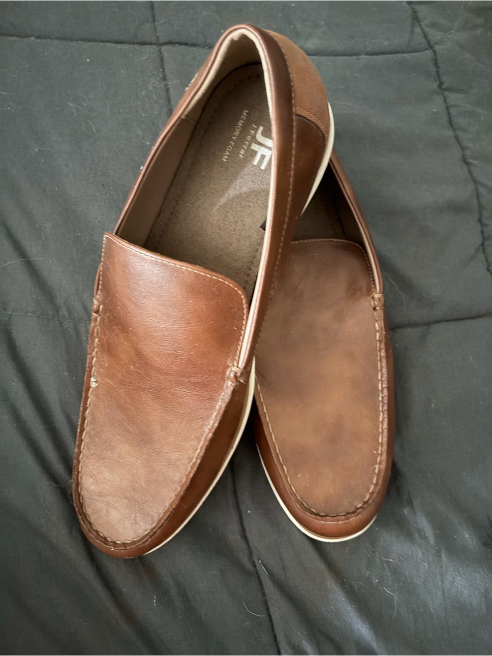 jf j.ferrar Men's Brown Leather Slip-On Loafers with White Trim
